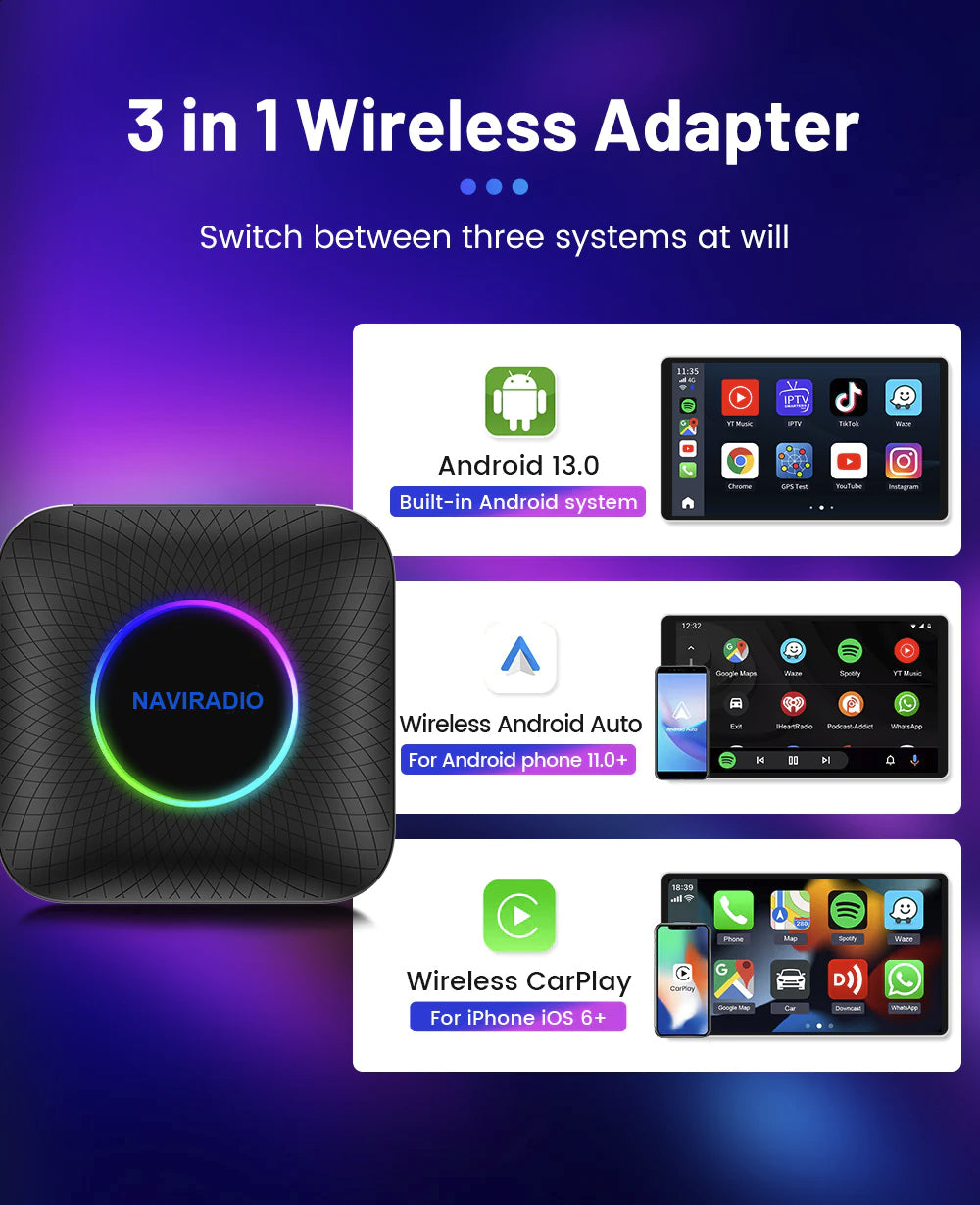 Android 13 Multimedia AI Box 8+128 GB Carplay Android Auto Wireless Naviradio TV AMI